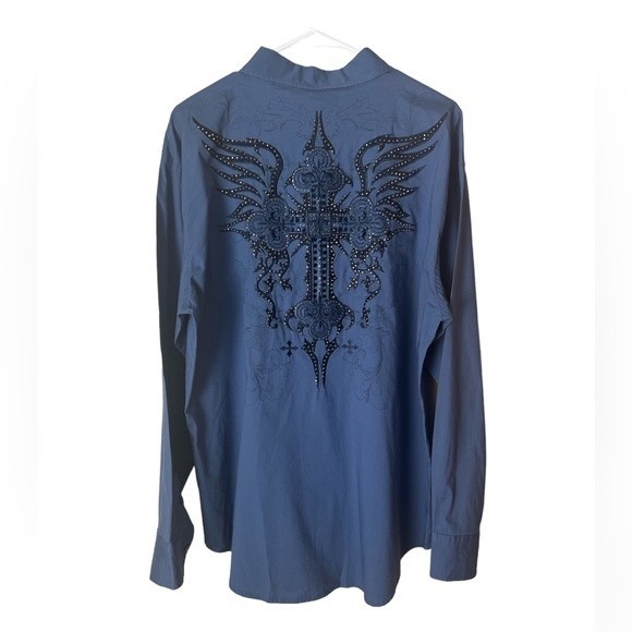 Victorious Men Button Up Shirt Blue Embroidered Rhinestones 2XL - Picture 2 of 4
